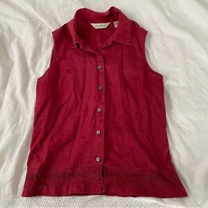 Eddie Bauer MEDIUM 100% Linen Sleeveless Top Tank embroidery red burgundy
